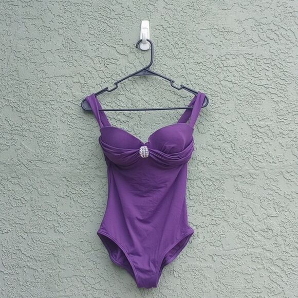 EUC AUTOGRAPH Purple Rhinestone Wire One Piece High Rise Bathing Suit 34DD - Picture 2 of 12
